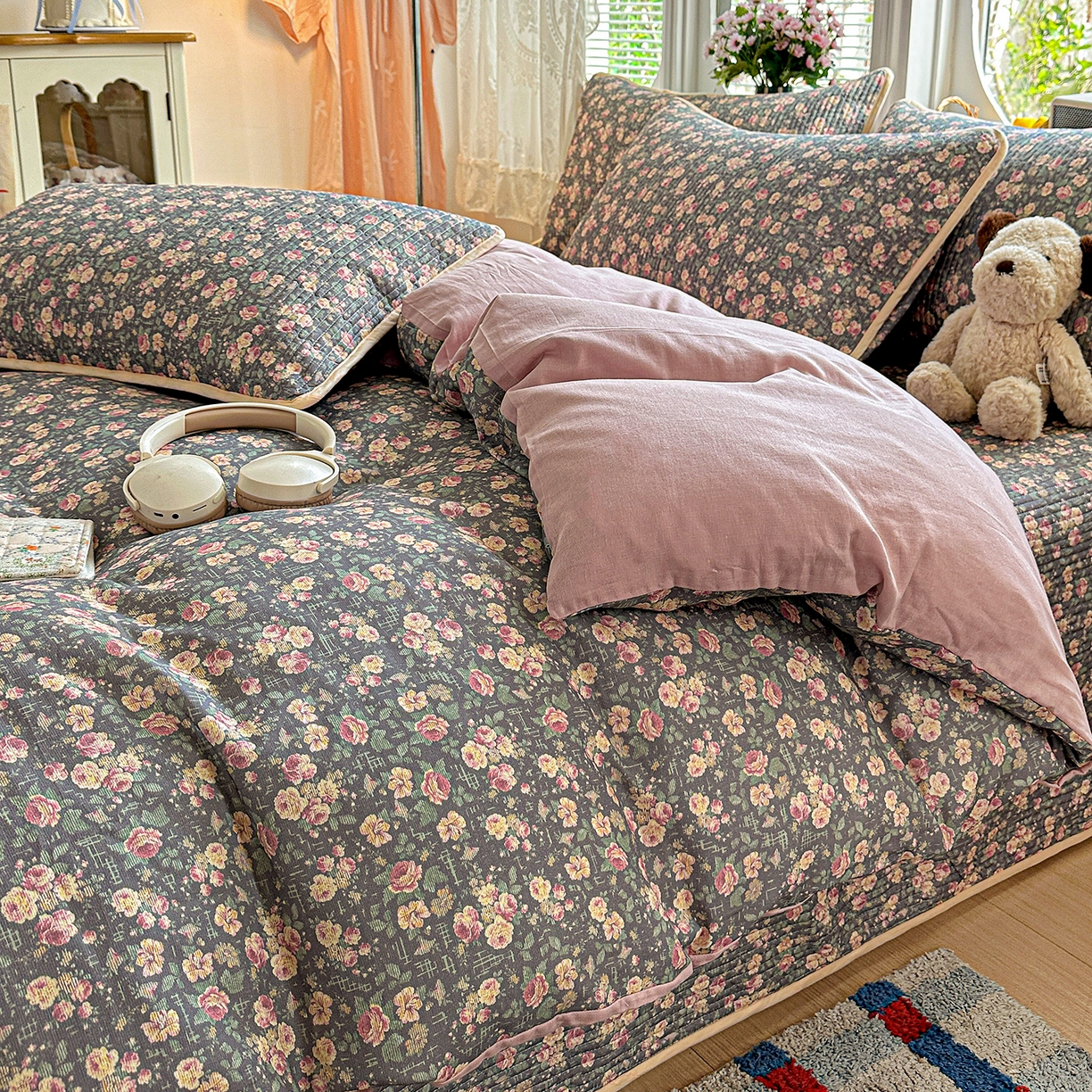 91家纺网 家纺一手货源 找家纺 文黛家居 2026新款全棉双层纱床盖四件套 迪薇娜