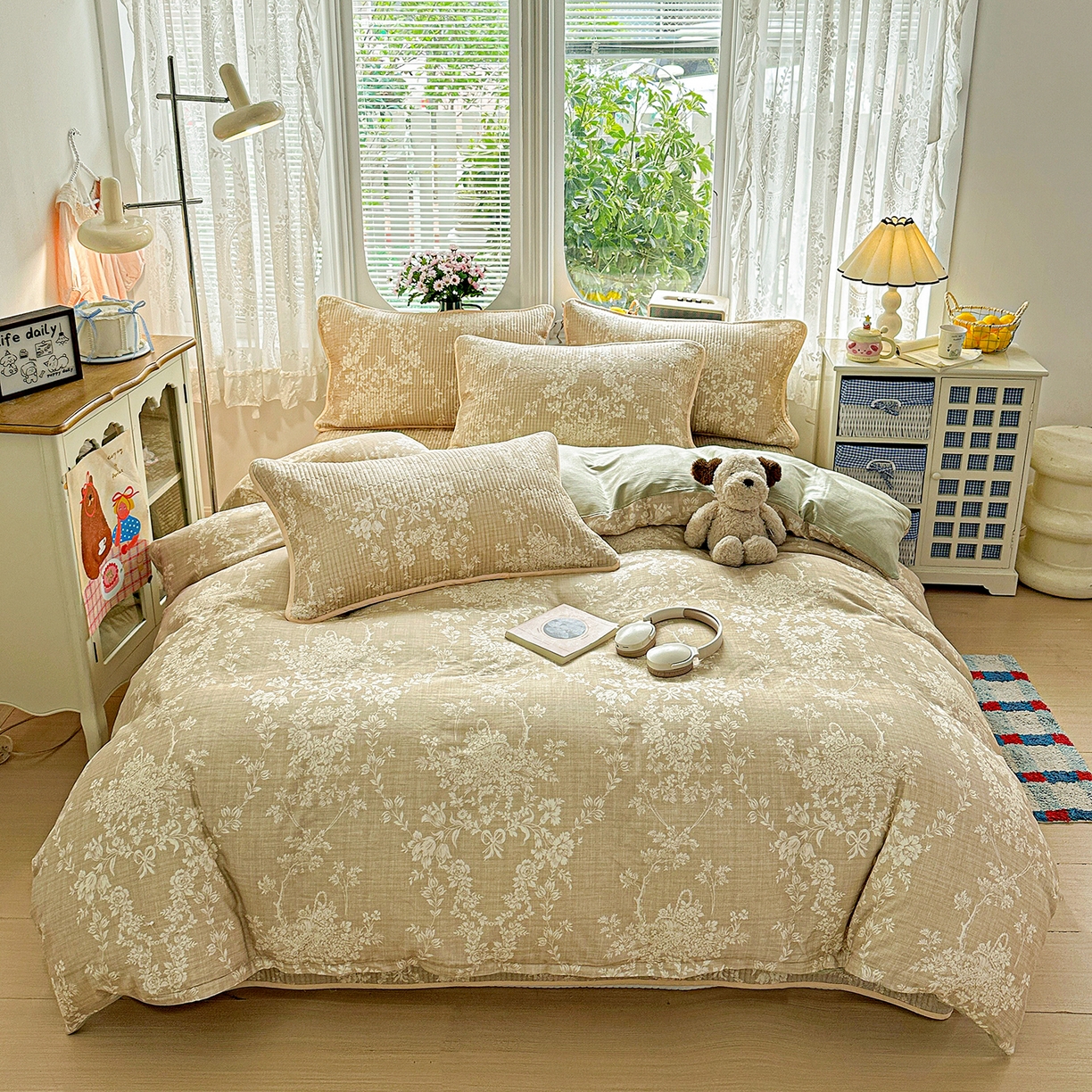 91家纺网 家纺一手货源 找家纺 文黛家居 2026新款全棉双层纱床盖四件套 富丽-黄