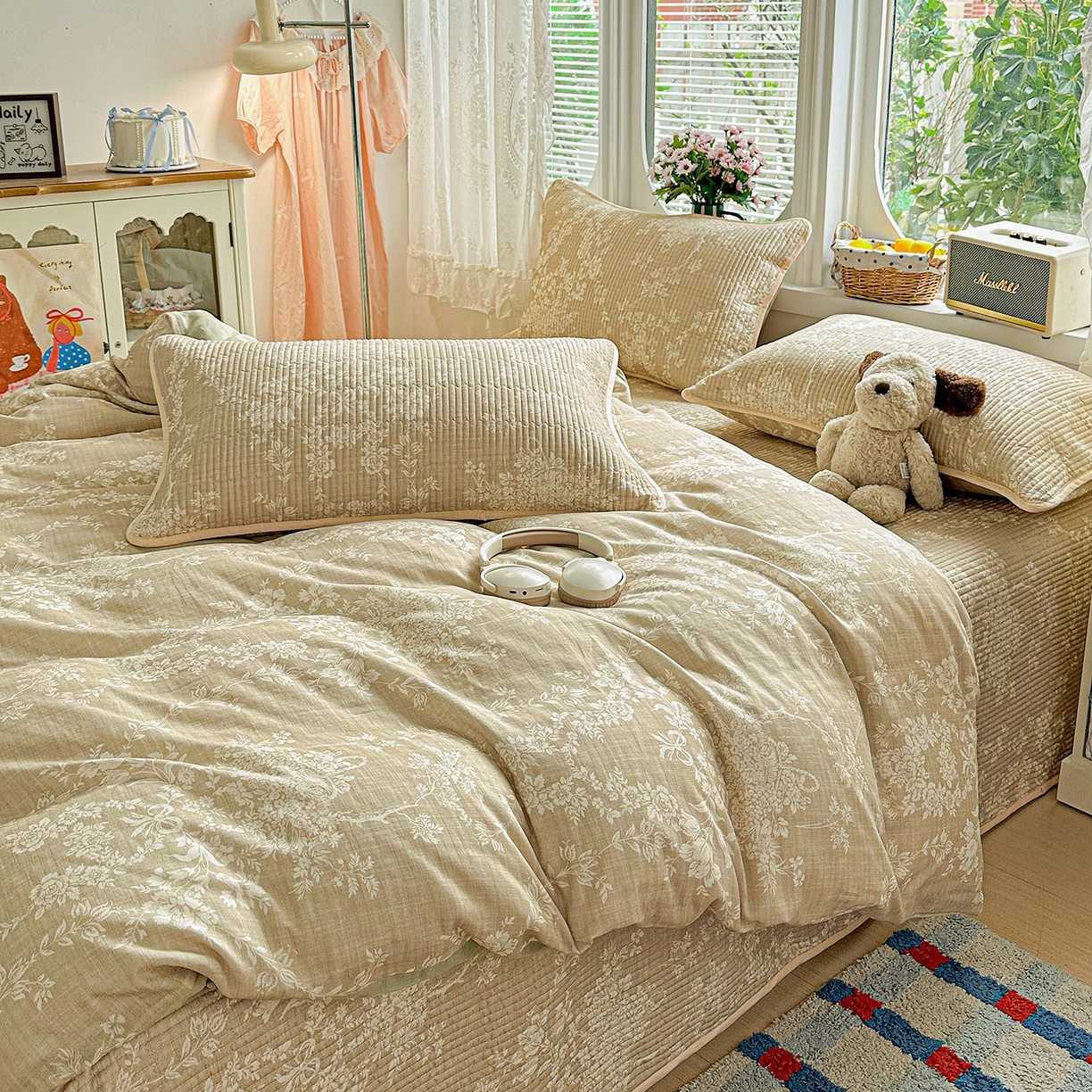 91家纺网 家纺一手货源 找家纺 文黛家居 2026新款全棉双层纱床盖四件套 富丽-黄