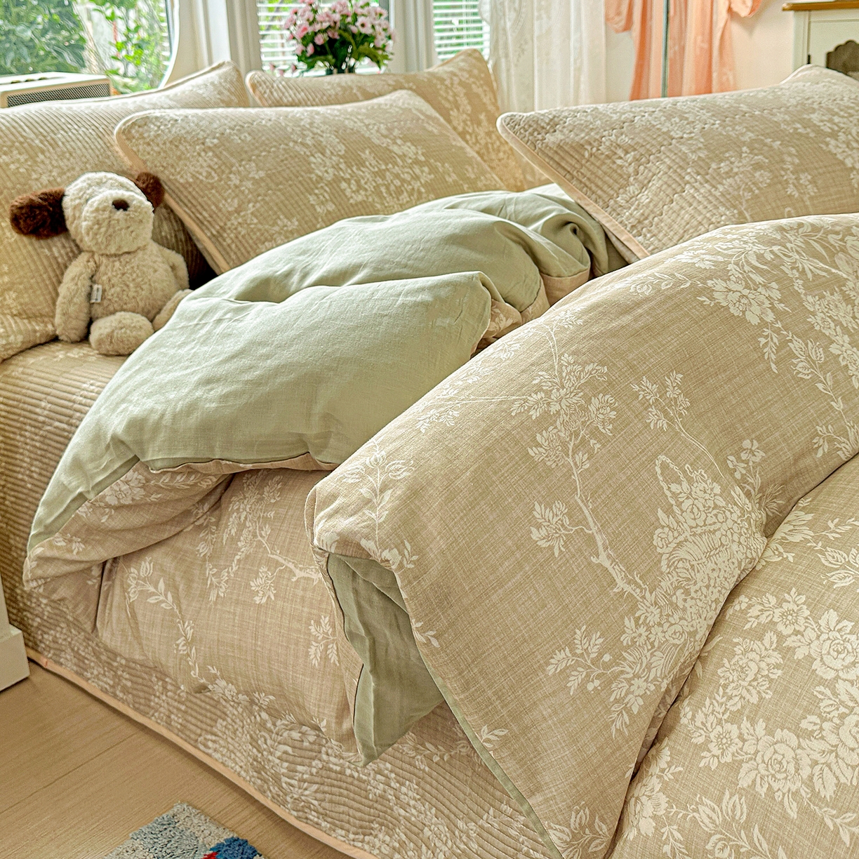 91家纺网 家纺一手货源 找家纺 文黛家居 2026新款全棉双层纱床盖四件套 富丽-黄