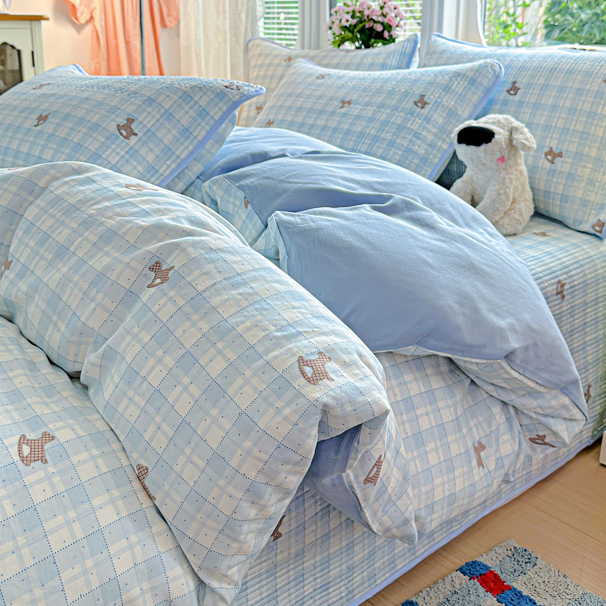 文黛家居 2026新款全棉双层纱床盖四件套 格纹牧马