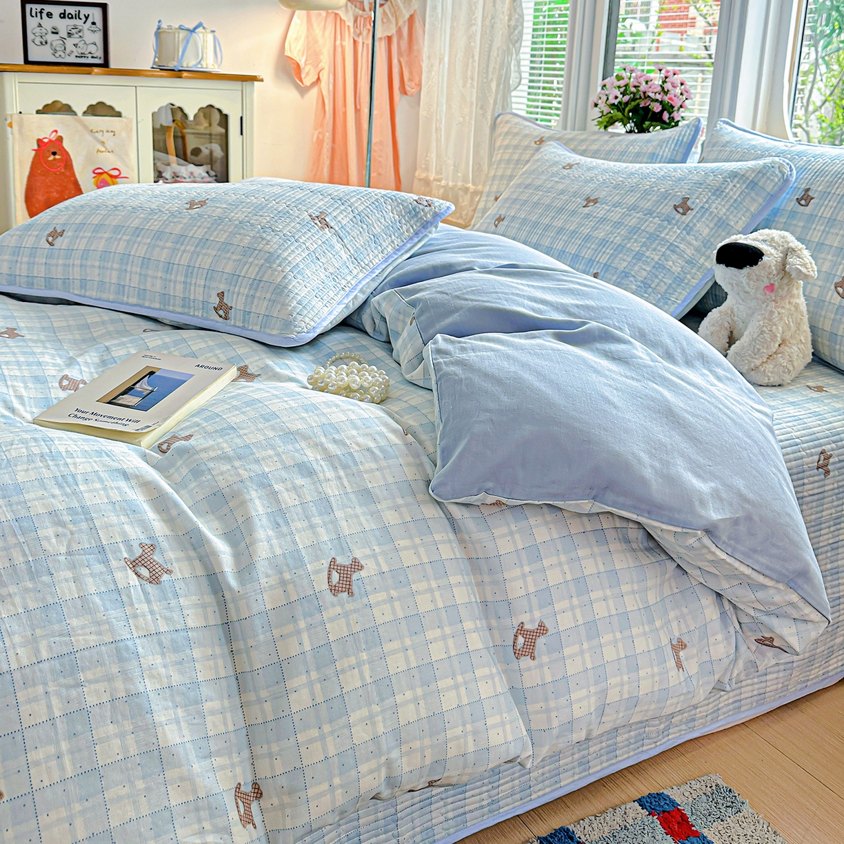 91家纺网 家纺一手货源 找家纺 文黛家居 2026新款全棉双层纱床盖四件套 格纹牧马