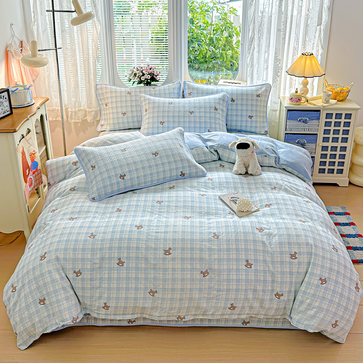 91家纺网 家纺一手货源 找家纺 文黛家居 2026新款全棉双层纱床盖四件套 格纹牧马