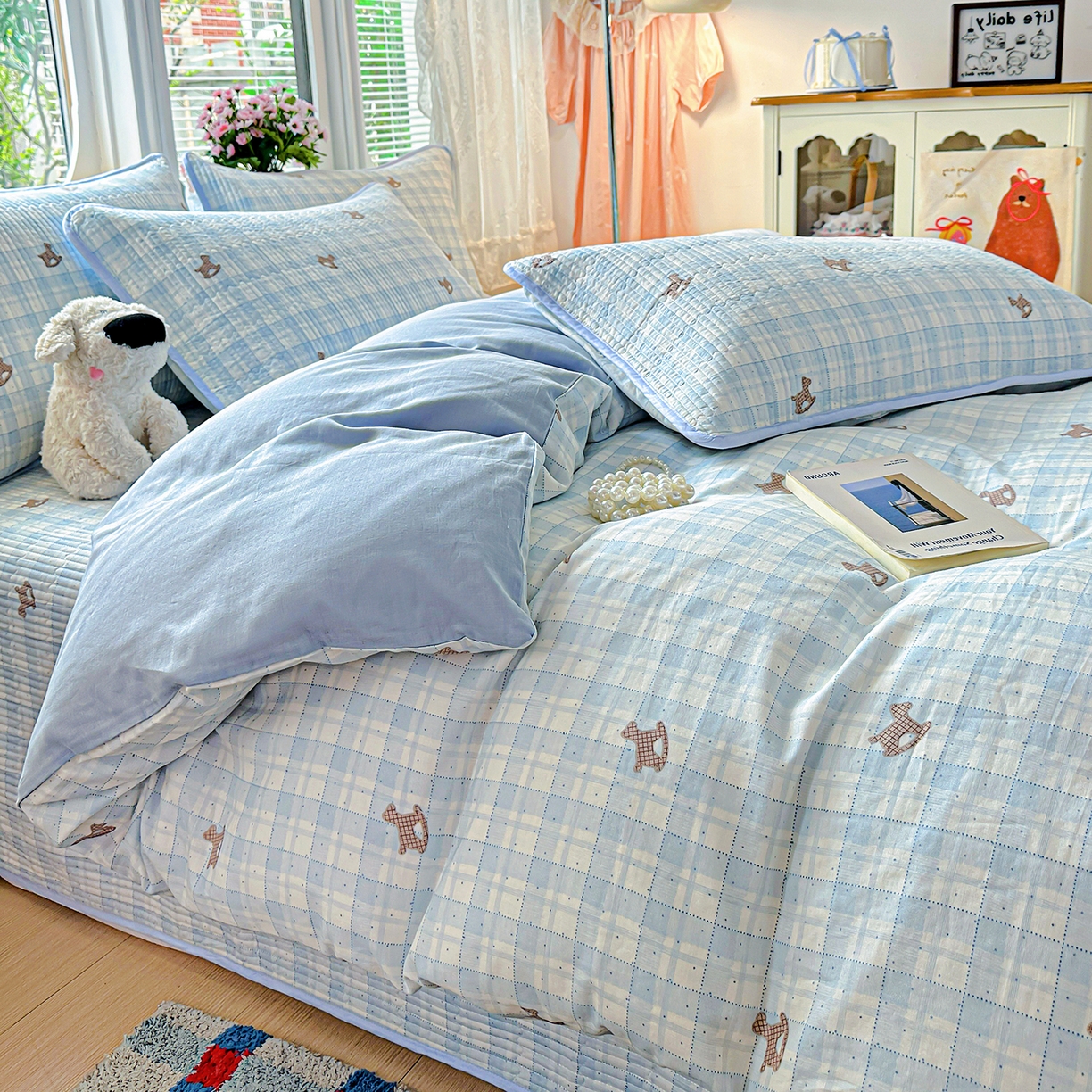 91家纺网 家纺一手货源 找家纺 文黛家居 2026新款全棉双层纱床盖四件套 格纹牧马