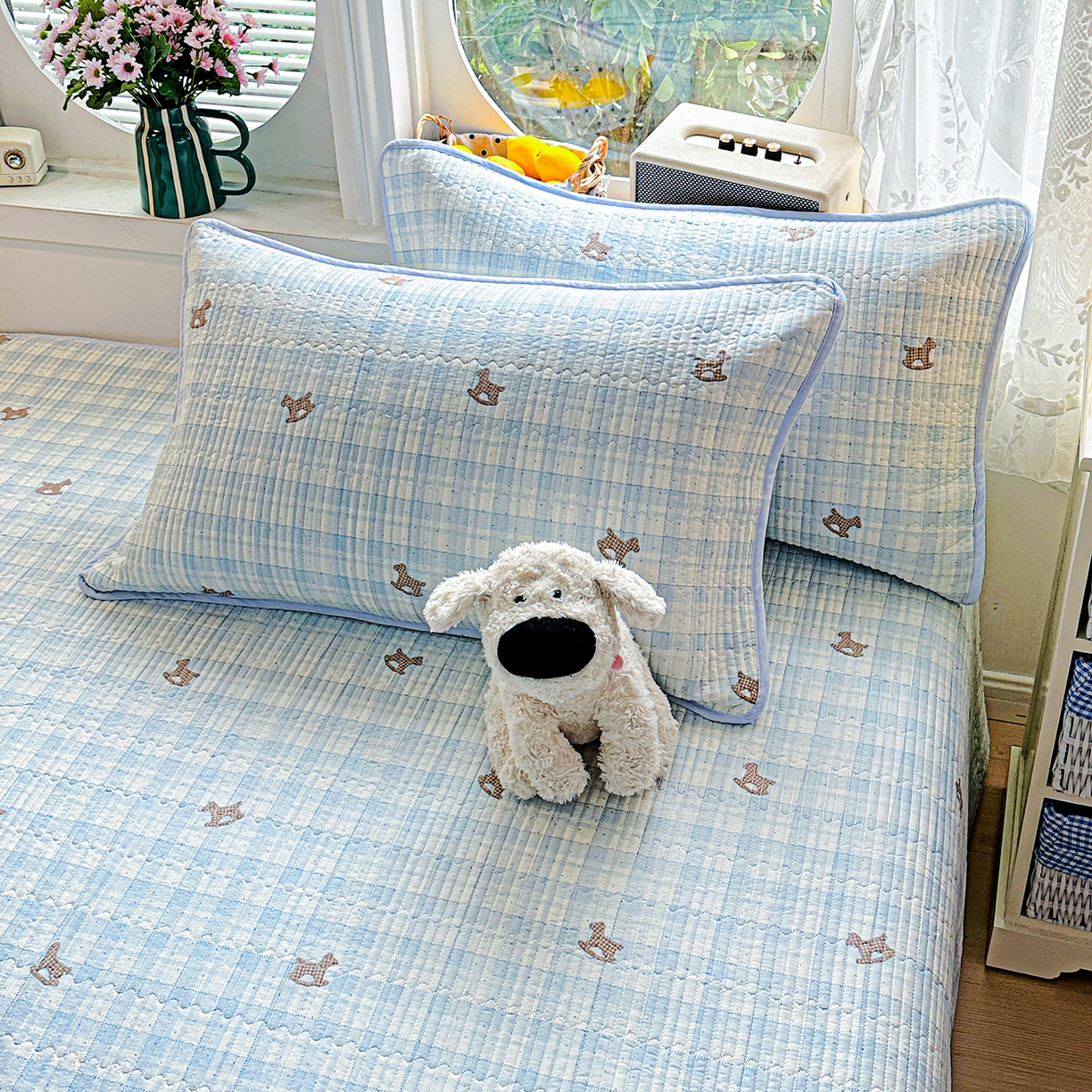 91家纺网 家纺一手货源 找家纺 文黛家居 2026新款全棉双层纱床盖四件套 格纹牧马