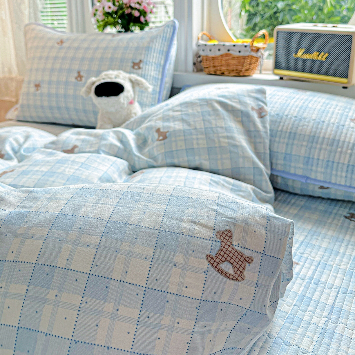 91家纺网 家纺一手货源 找家纺 文黛家居 2026新款全棉双层纱床盖四件套 格纹牧马