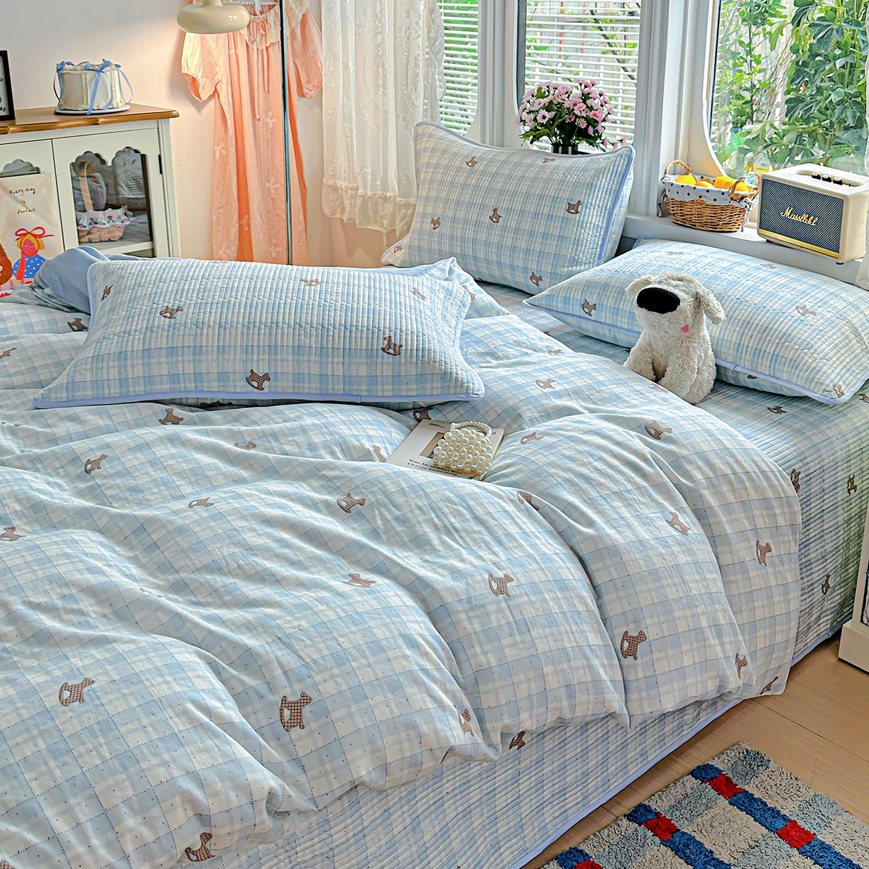 91家纺网 家纺一手货源 找家纺 文黛家居 2026新款全棉双层纱床盖四件套 格纹牧马