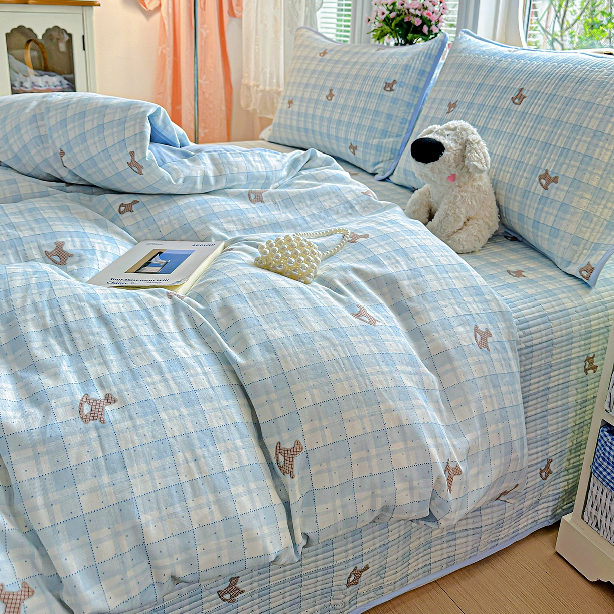 91家纺网 家纺一手货源 找家纺 文黛家居 2026新款全棉双层纱床盖四件套 格纹牧马