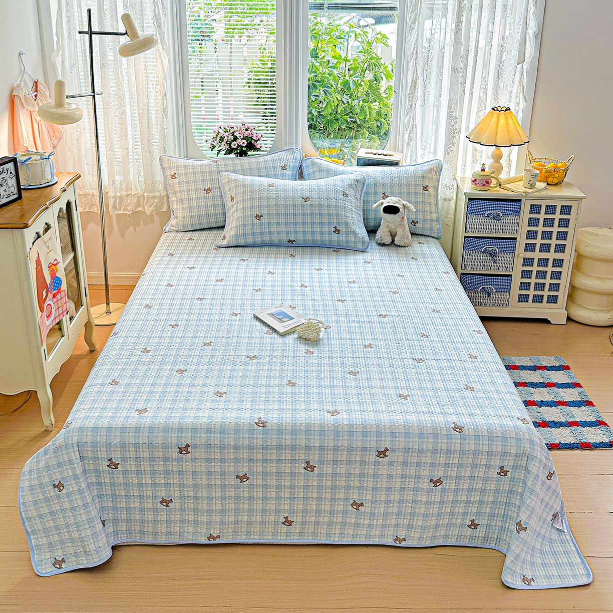 91家纺网 家纺一手货源 找家纺 文黛家居 2026新款全棉双层纱床盖四件套 格纹牧马