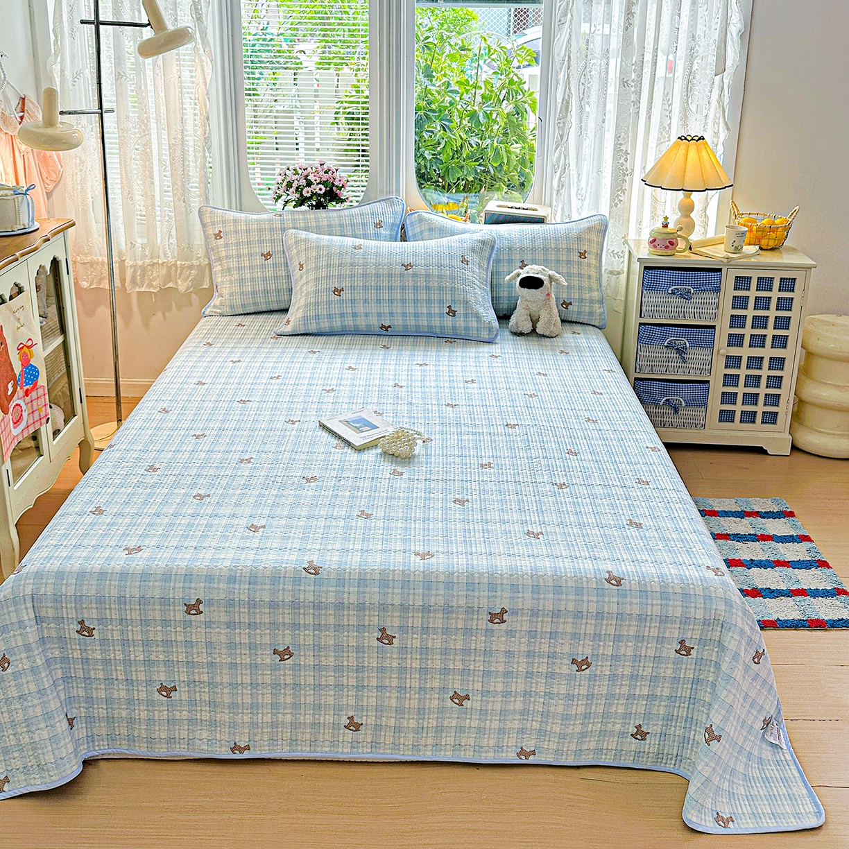 91家纺网 家纺一手货源 找家纺 文黛家居 2026新款全棉双层纱床盖四件套 格纹牧马