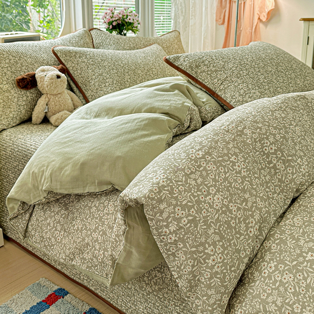 91家纺网 家纺一手货源 找家纺 文黛家居 2026新款全棉双层纱床盖四件套 莞梦-绿