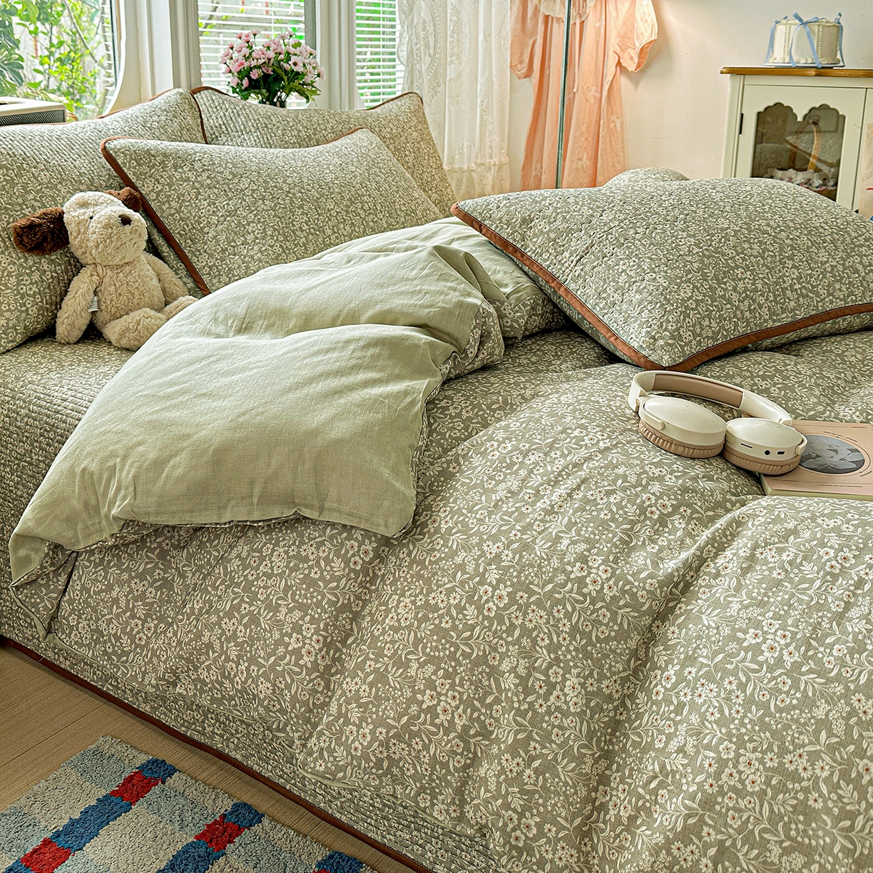 91家纺网 家纺一手货源 找家纺 文黛家居 2026新款全棉双层纱床盖四件套 莞梦-绿