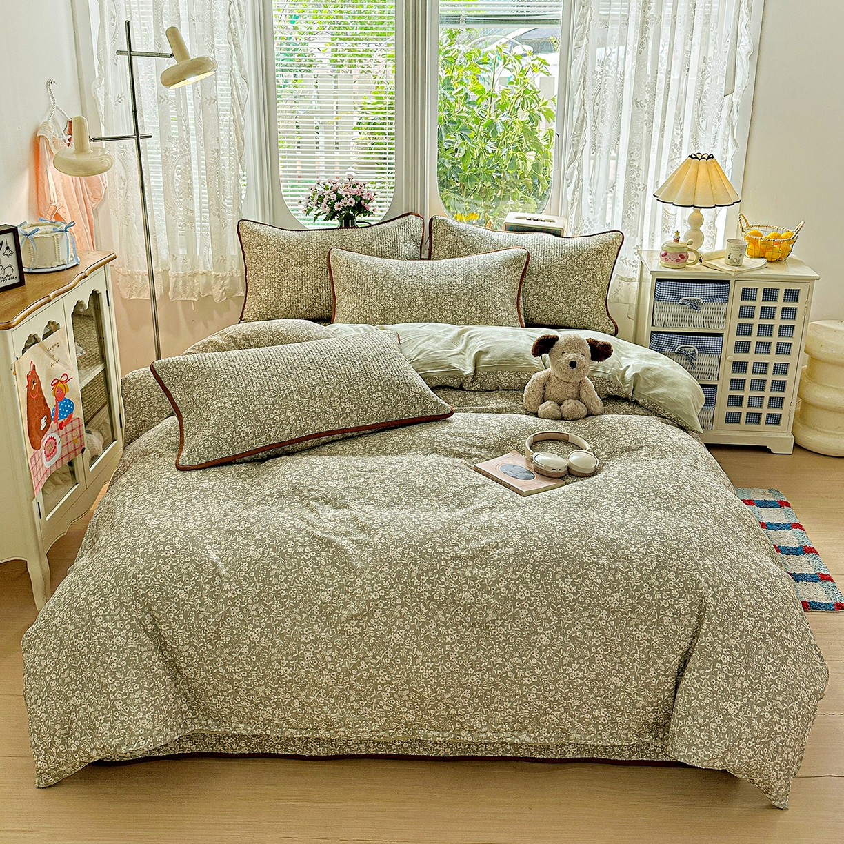 91家纺网 家纺一手货源 找家纺 文黛家居 2026新款全棉双层纱床盖四件套 莞梦-绿