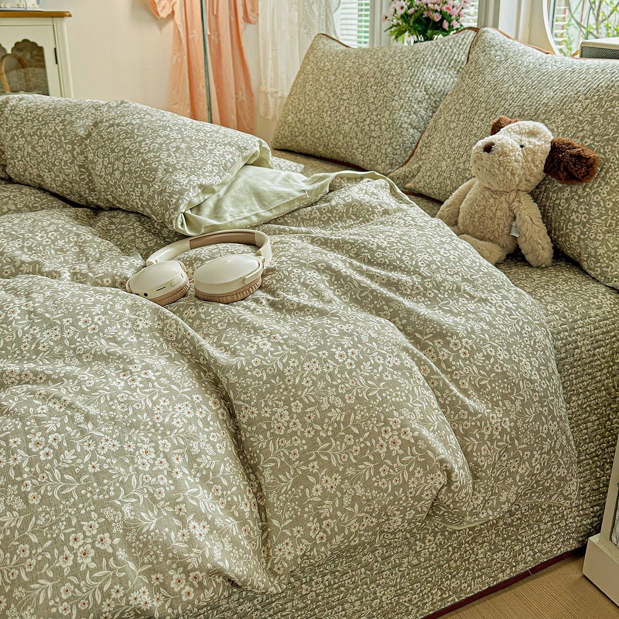 91家纺网 家纺一手货源 找家纺 文黛家居 2026新款全棉双层纱床盖四件套 莞梦-绿