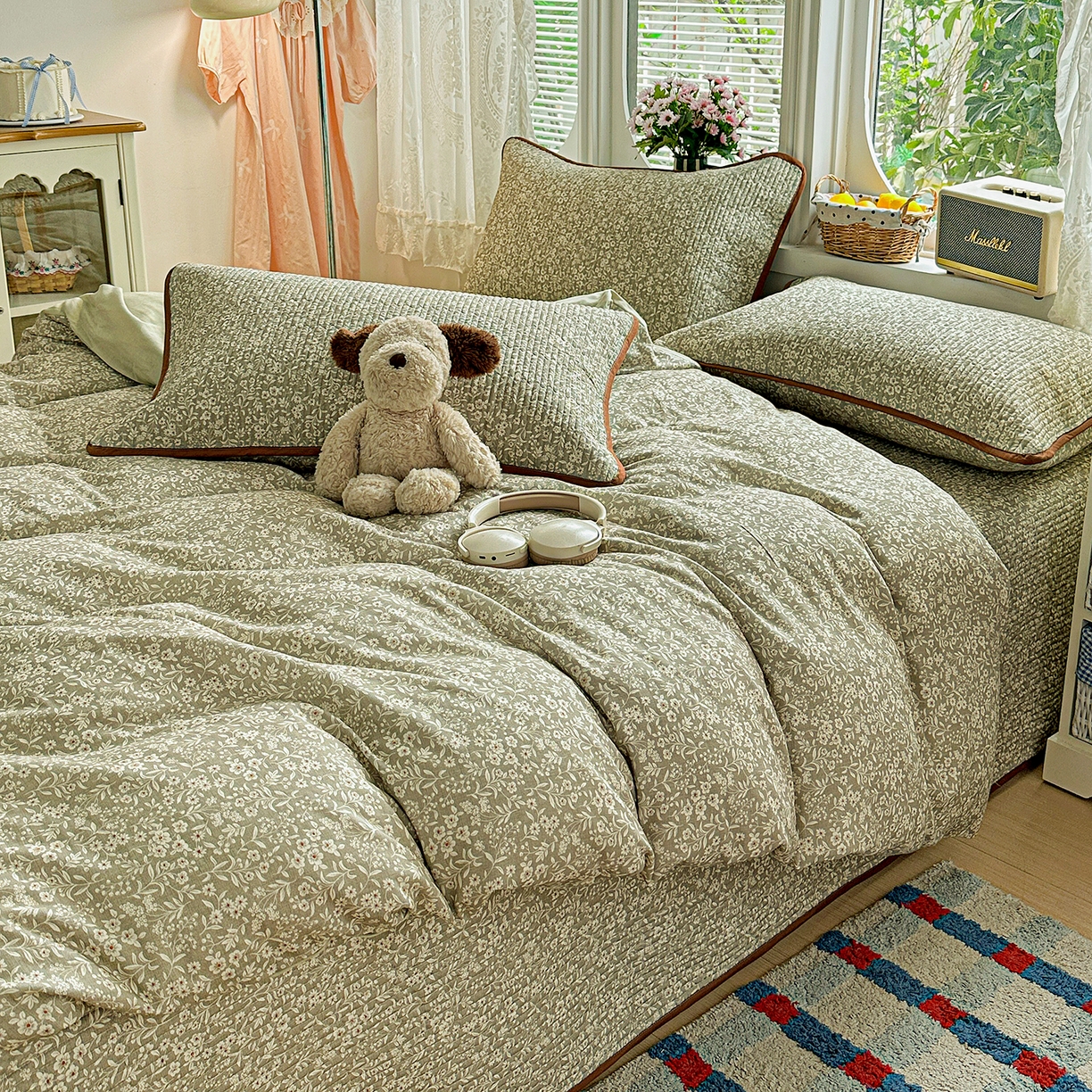 91家纺网 家纺一手货源 找家纺 文黛家居 2026新款全棉双层纱床盖四件套 莞梦-绿