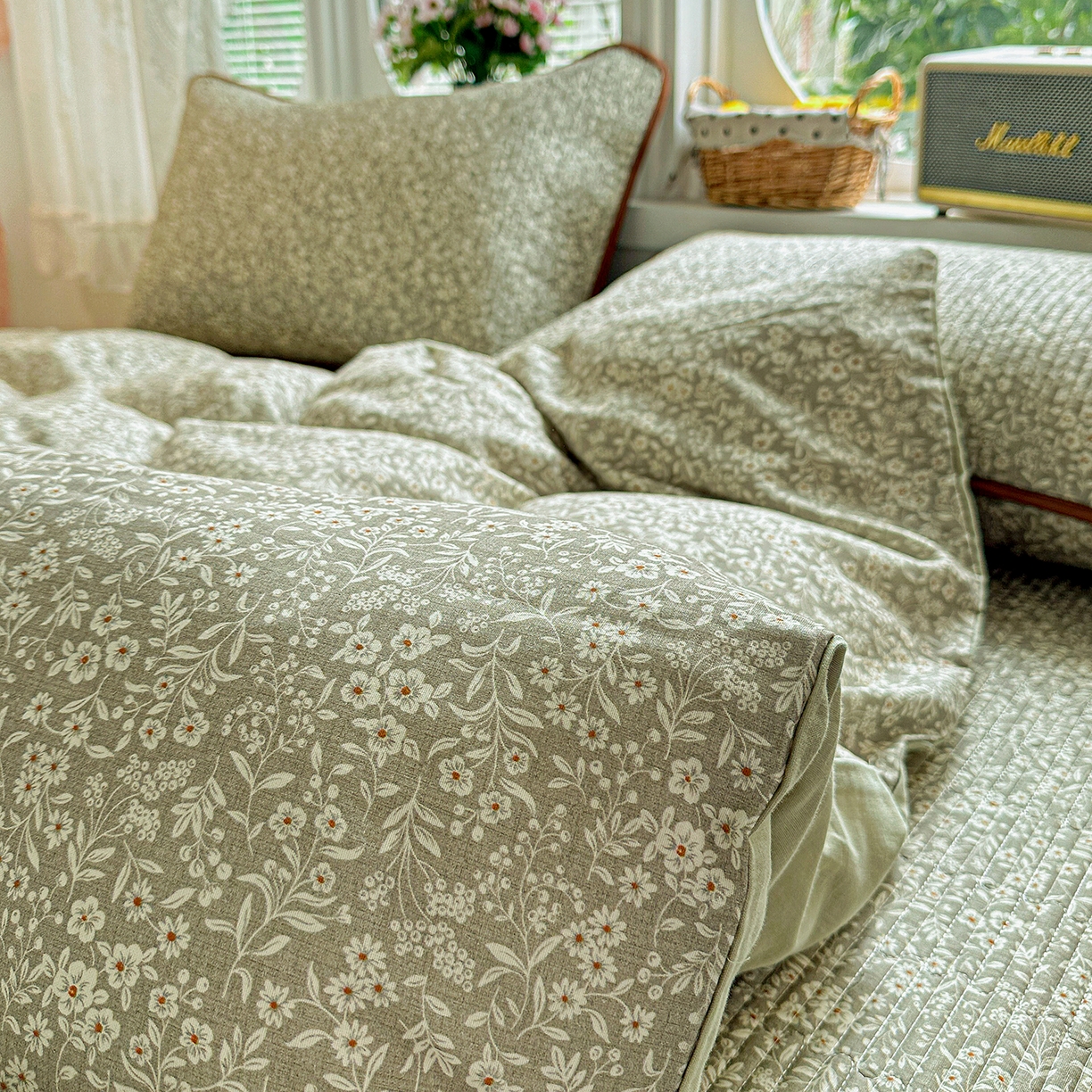 91家纺网 家纺一手货源 找家纺 文黛家居 2026新款全棉双层纱床盖四件套 莞梦-绿