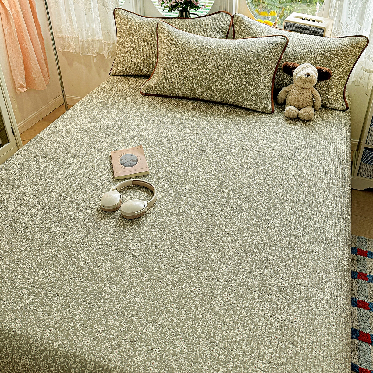 91家纺网 家纺一手货源 找家纺 文黛家居 2026新款全棉双层纱床盖四件套 莞梦-绿