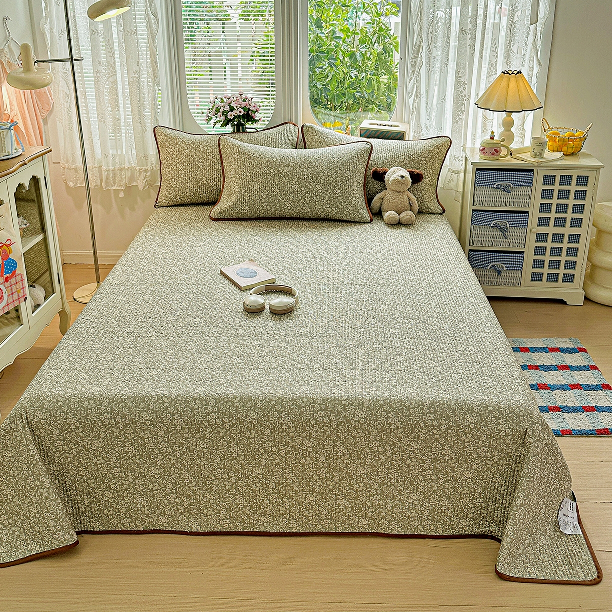 91家纺网 家纺一手货源 找家纺 文黛家居 2026新款全棉双层纱床盖四件套 莞梦-绿