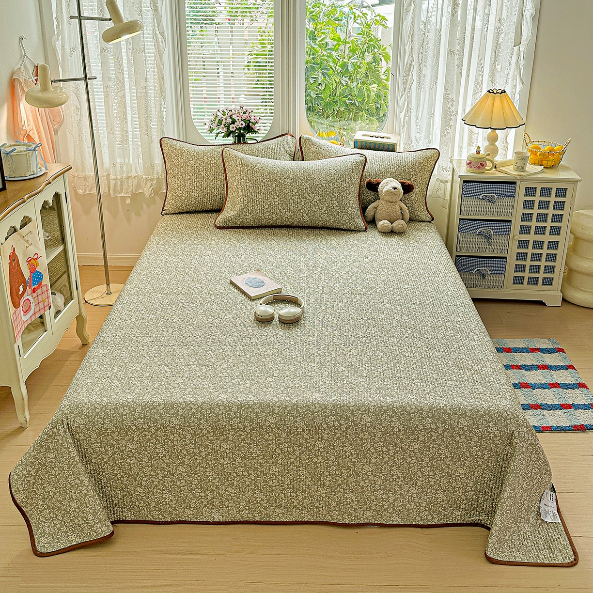 91家纺网 家纺一手货源 找家纺 文黛家居 2026新款全棉双层纱床盖四件套 莞梦-绿