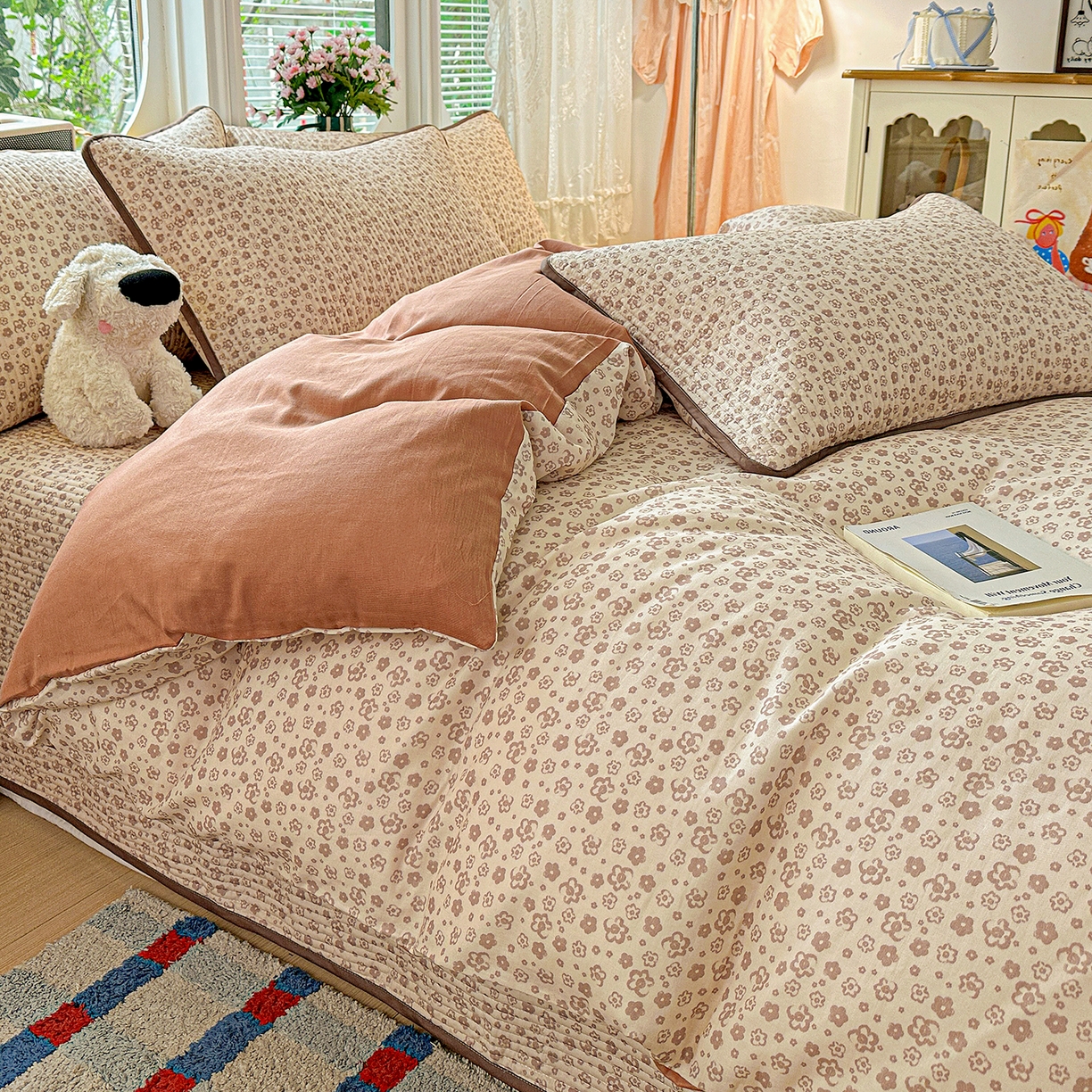 91家纺网 家纺一手货源 找家纺 文黛家居 2026新款全棉双层纱床盖四件套 简雅-棕