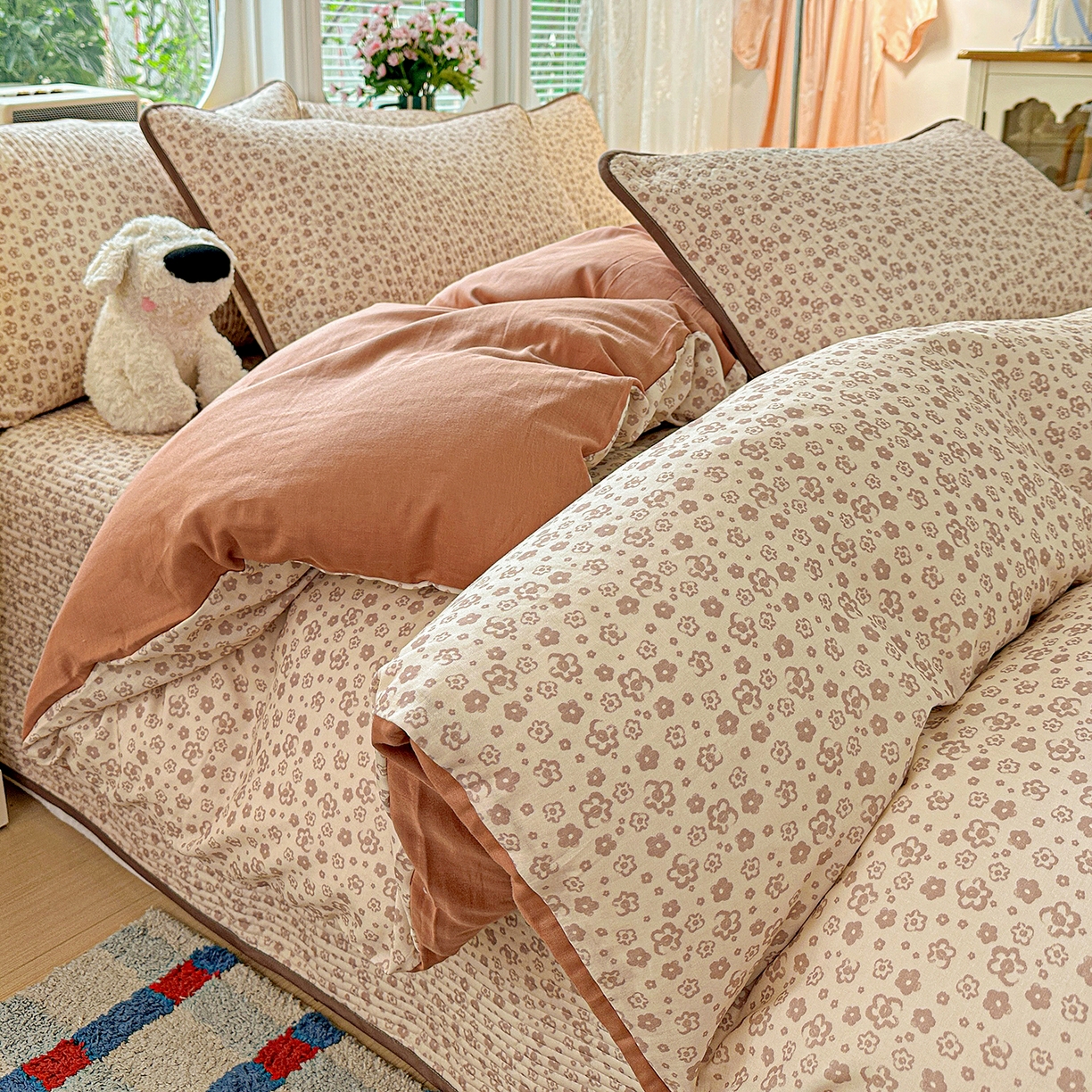 91家纺网 家纺一手货源 找家纺 文黛家居 2026新款全棉双层纱床盖四件套 简雅-棕