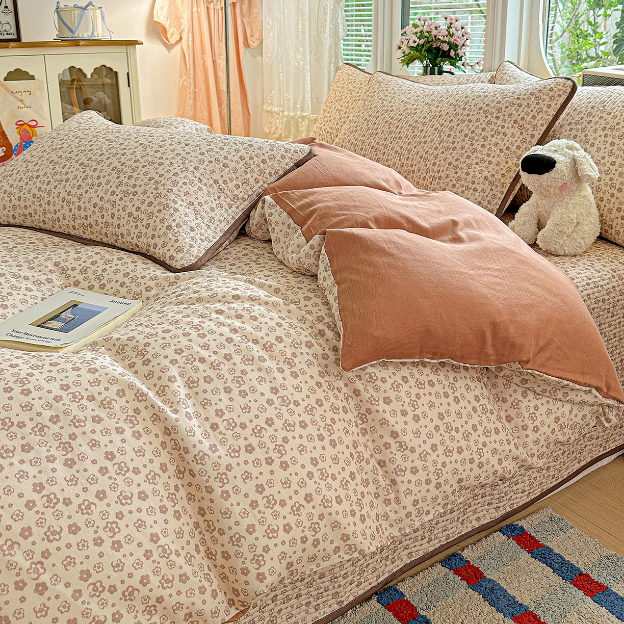 91家纺网 家纺一手货源 找家纺 文黛家居 2026新款全棉双层纱床盖四件套 简雅-棕