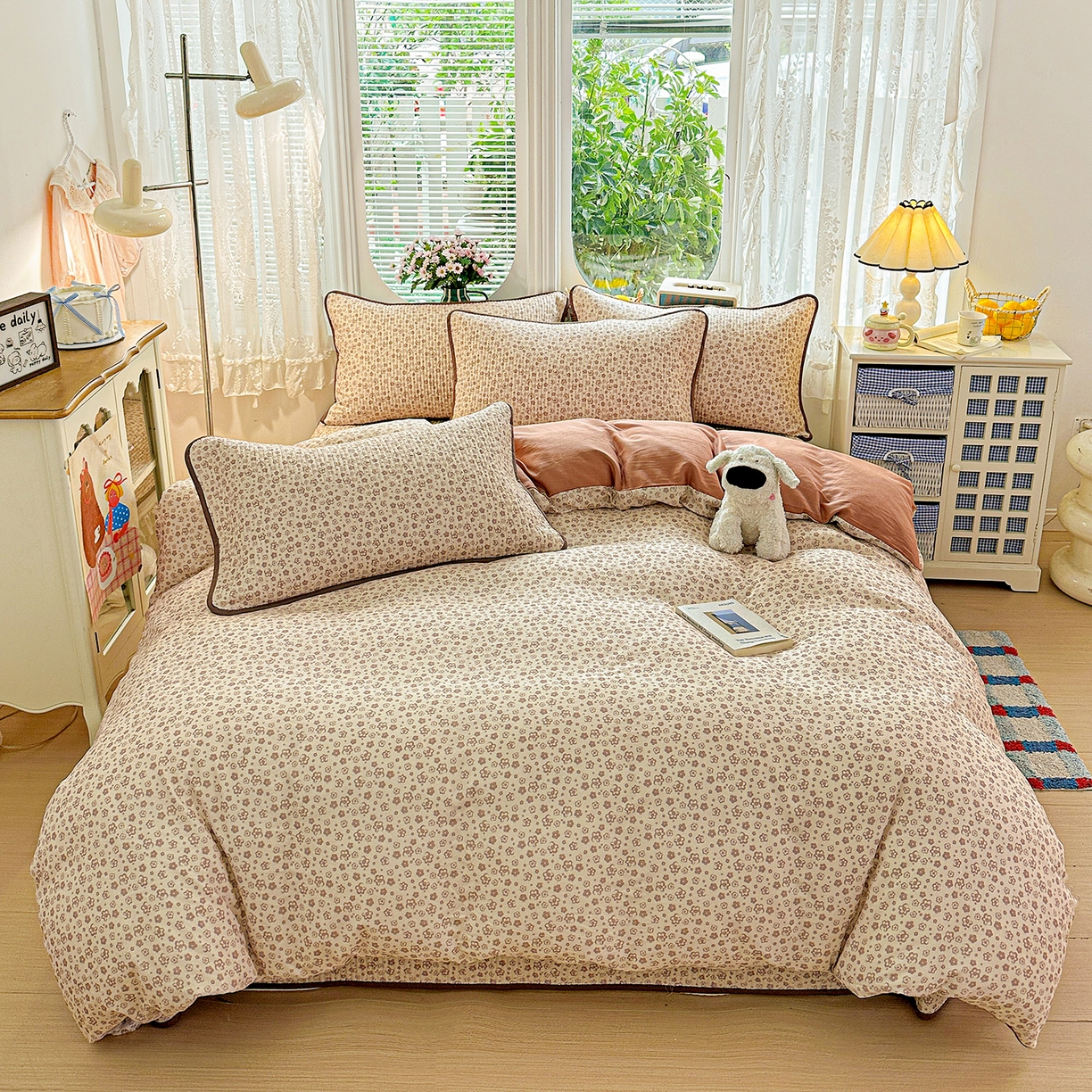 91家纺网 家纺一手货源 找家纺 文黛家居 2026新款全棉双层纱床盖四件套 简雅-棕