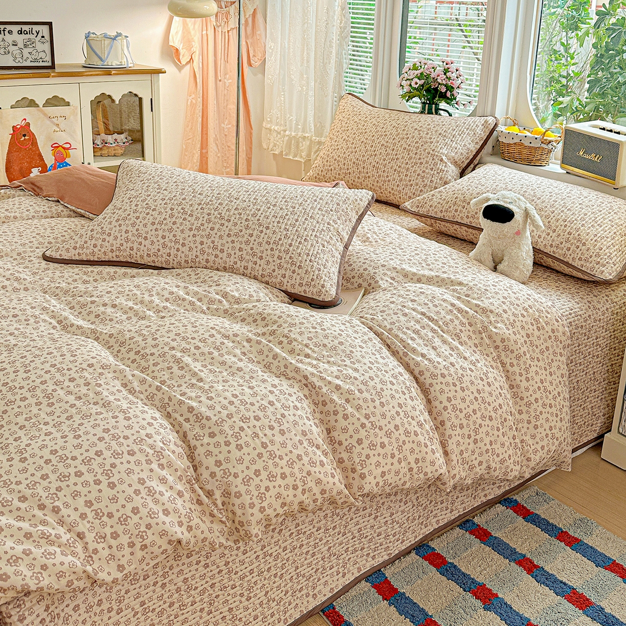 91家纺网 家纺一手货源 找家纺 文黛家居 2026新款全棉双层纱床盖四件套 简雅-棕