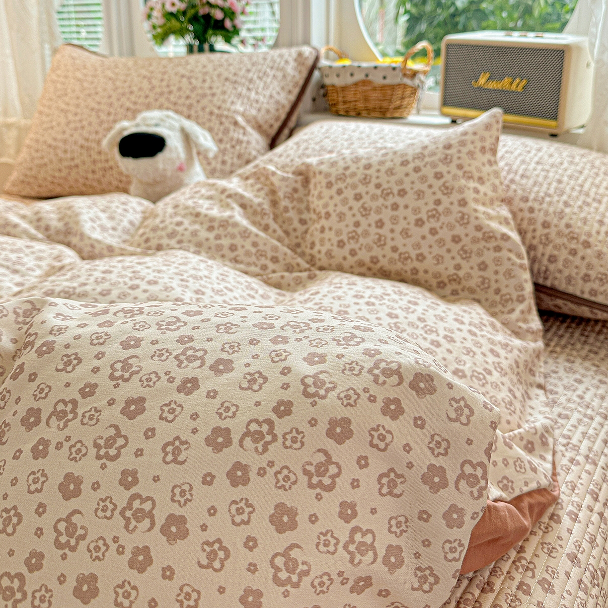 91家纺网 家纺一手货源 找家纺 文黛家居 2026新款全棉双层纱床盖四件套 简雅-棕