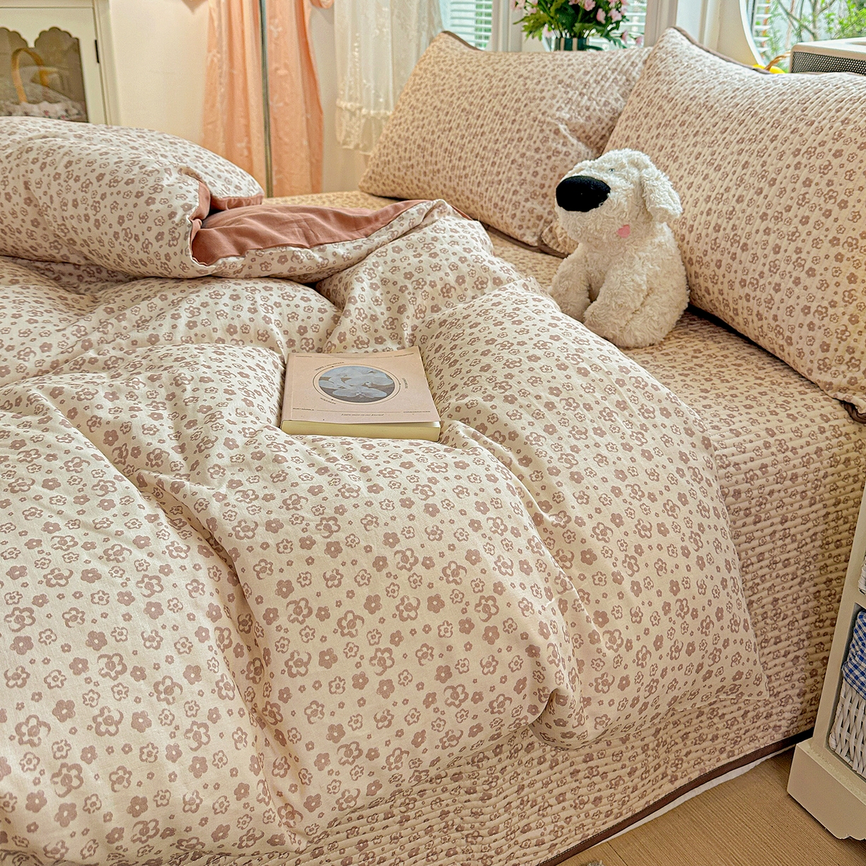 91家纺网 家纺一手货源 找家纺 文黛家居 2026新款全棉双层纱床盖四件套 简雅-棕