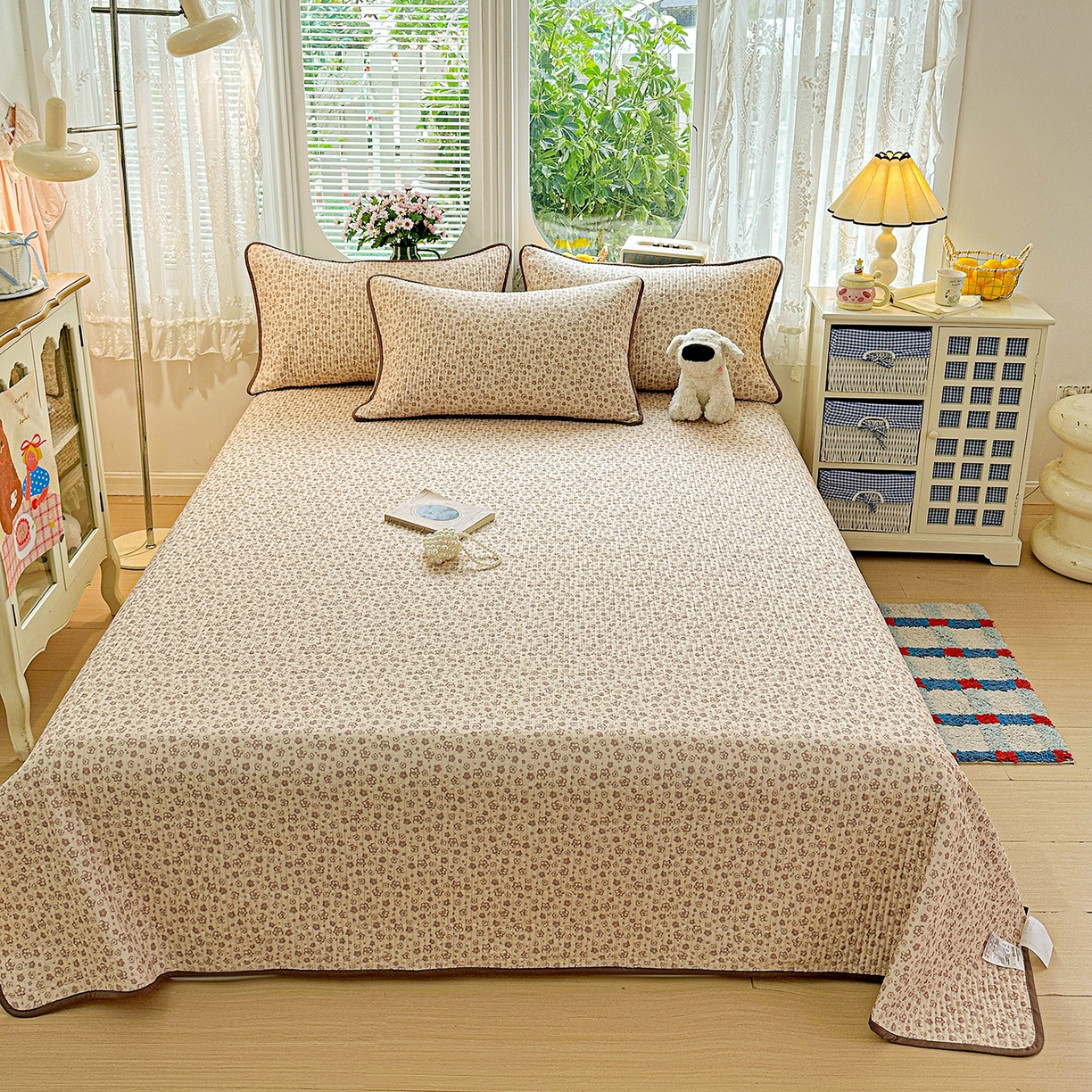 91家纺网 家纺一手货源 找家纺 文黛家居 2026新款全棉双层纱床盖四件套 简雅-棕