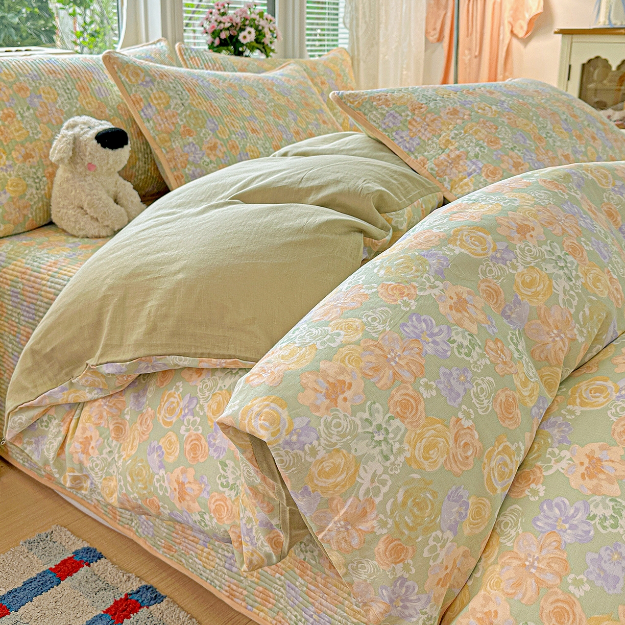 91家纺网 家纺一手货源 找家纺 文黛家居 2026新款全棉双层纱床盖四件套 梨落-绿