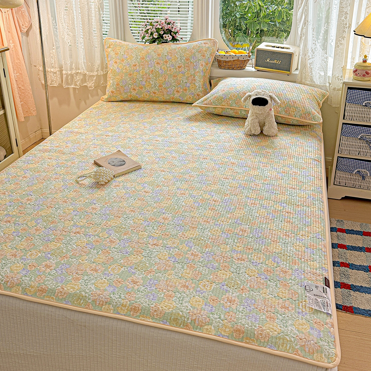 91家纺网 家纺一手货源 找家纺 文黛家居 2026新款全棉双层纱床盖四件套 梨落-绿