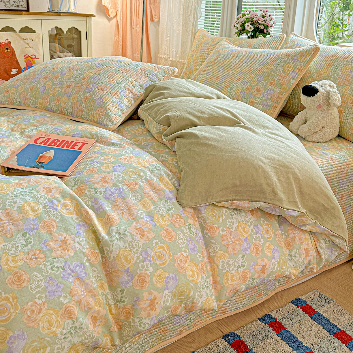 91家纺网 家纺一手货源 找家纺 文黛家居 2026新款全棉双层纱床盖四件套 梨落-绿