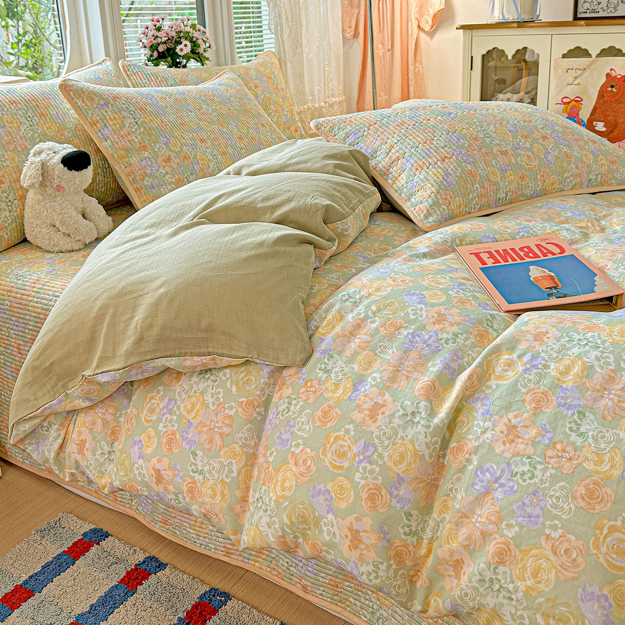 91家纺网 家纺一手货源 找家纺 文黛家居 2026新款全棉双层纱床盖四件套 梨落-绿