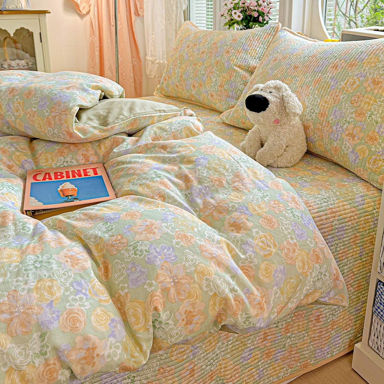 91家纺网 家纺一手货源 找家纺 文黛家居 2026新款全棉双层纱床盖四件套 梨落-绿