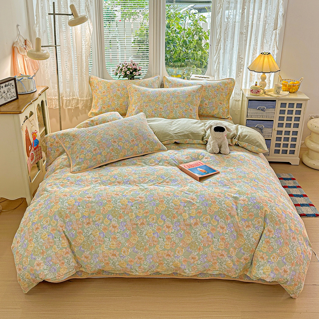 91家纺网 家纺一手货源 找家纺 文黛家居 2026新款全棉双层纱床盖四件套 梨落-绿