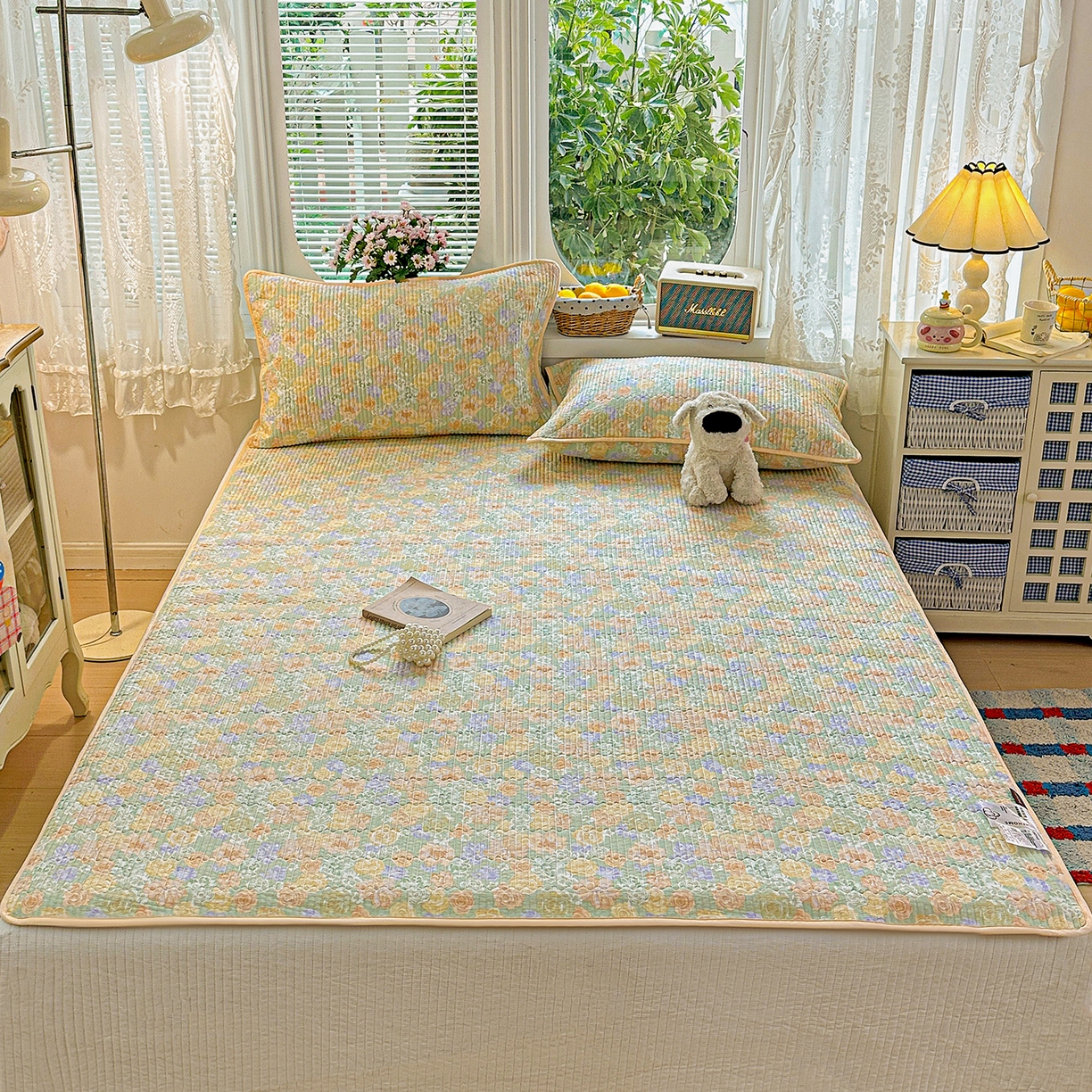 91家纺网 家纺一手货源 找家纺 文黛家居 2026新款全棉双层纱床盖四件套 梨落-绿