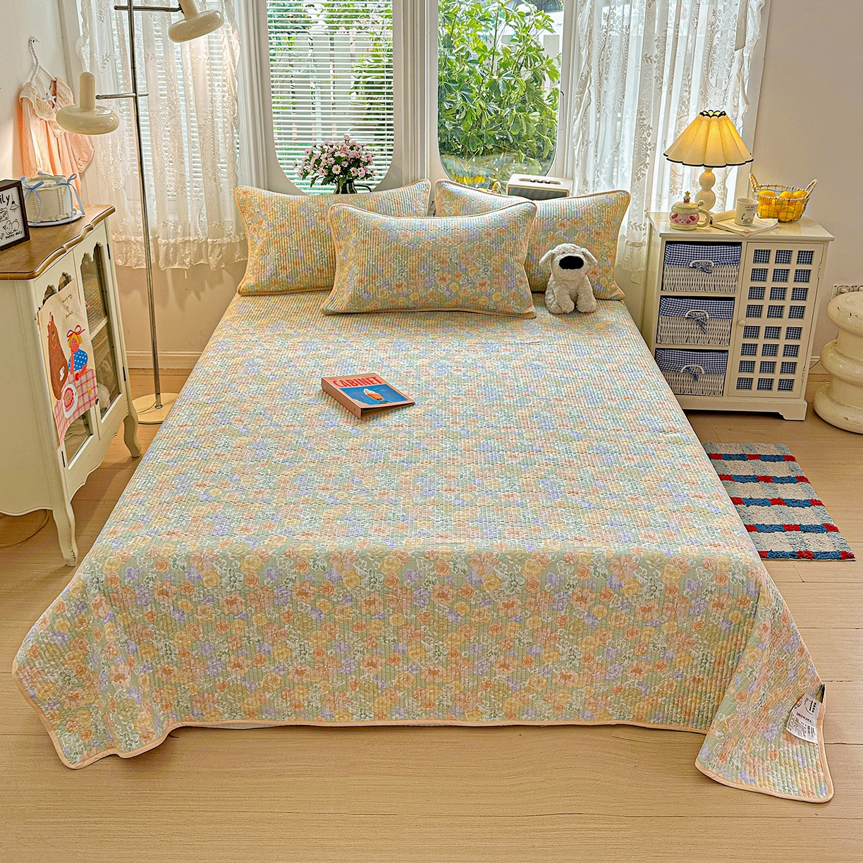 91家纺网 家纺一手货源 找家纺 文黛家居 2026新款全棉双层纱床盖四件套 梨落-绿