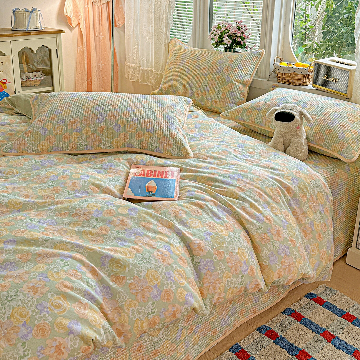 91家纺网 家纺一手货源 找家纺 文黛家居 2026新款全棉双层纱床盖四件套 梨落-绿