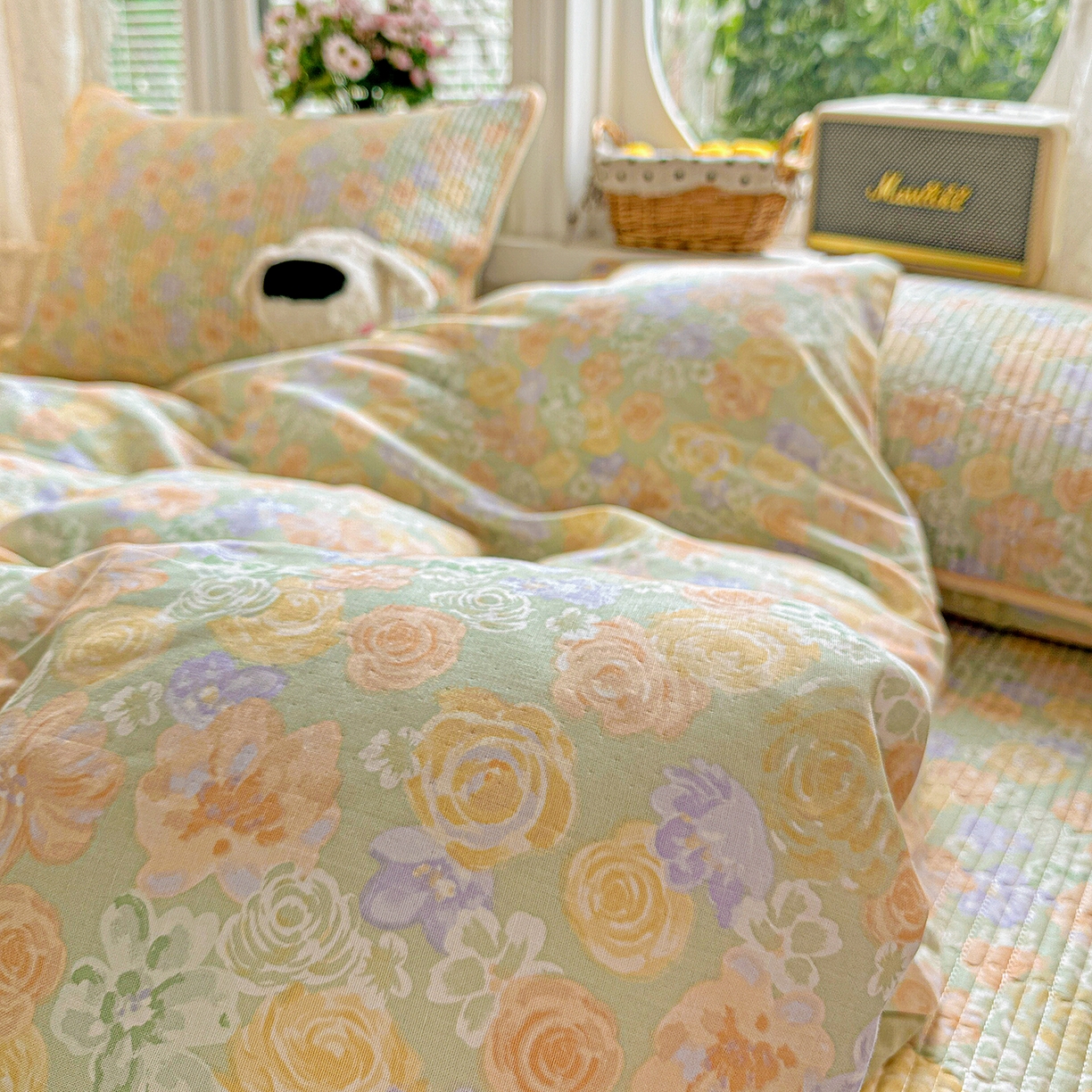 91家纺网 家纺一手货源 找家纺 文黛家居 2026新款全棉双层纱床盖四件套 梨落-绿