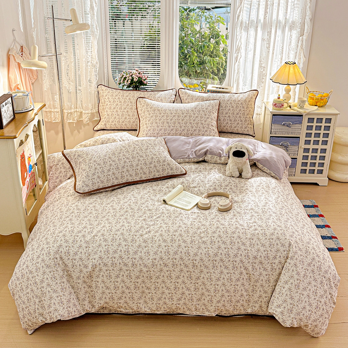 91家纺网 家纺一手货源 找家纺 文黛家居 2026新款全棉双层纱床盖四件套 南风花碎