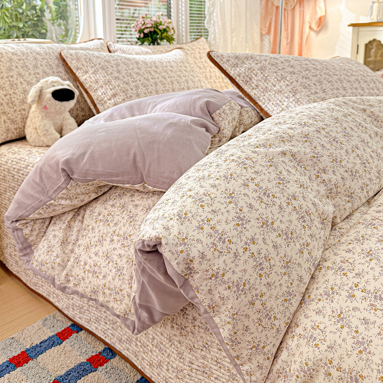 91家纺网 家纺一手货源 找家纺 文黛家居 2026新款全棉双层纱床盖四件套 南风花碎