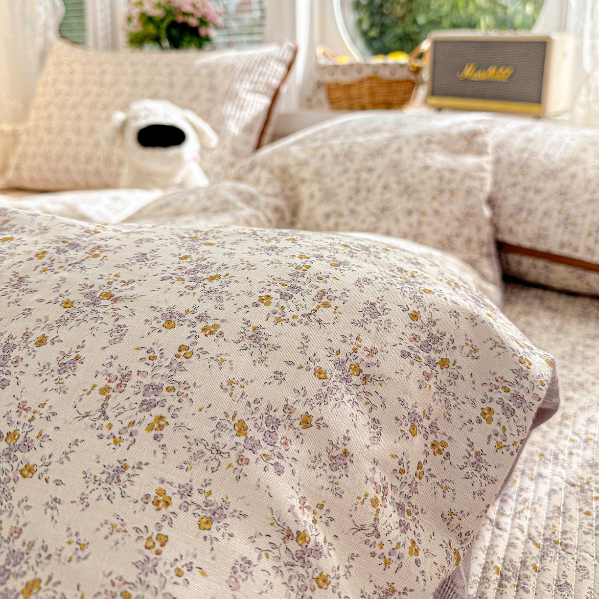 91家纺网 家纺一手货源 找家纺 文黛家居 2026新款全棉双层纱床盖四件套 南风花碎