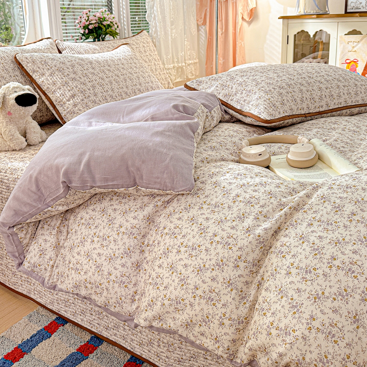 91家纺网 家纺一手货源 找家纺 文黛家居 2026新款全棉双层纱床盖四件套 南风花碎