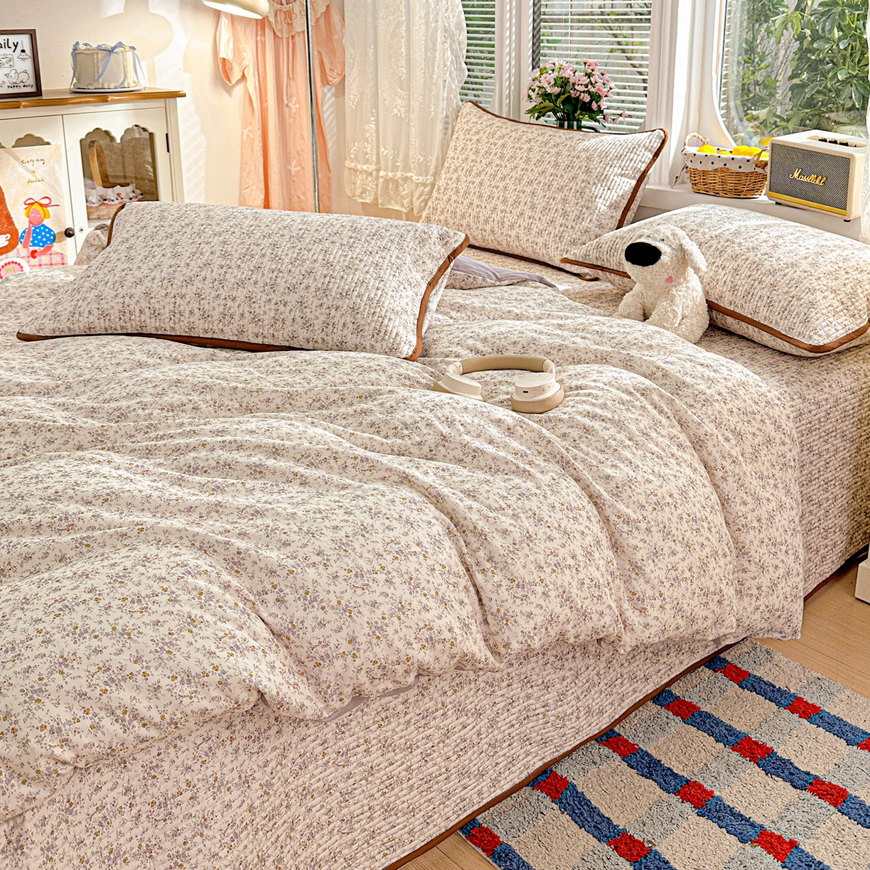 91家纺网 家纺一手货源 找家纺 文黛家居 2026新款全棉双层纱床盖四件套 南风花碎