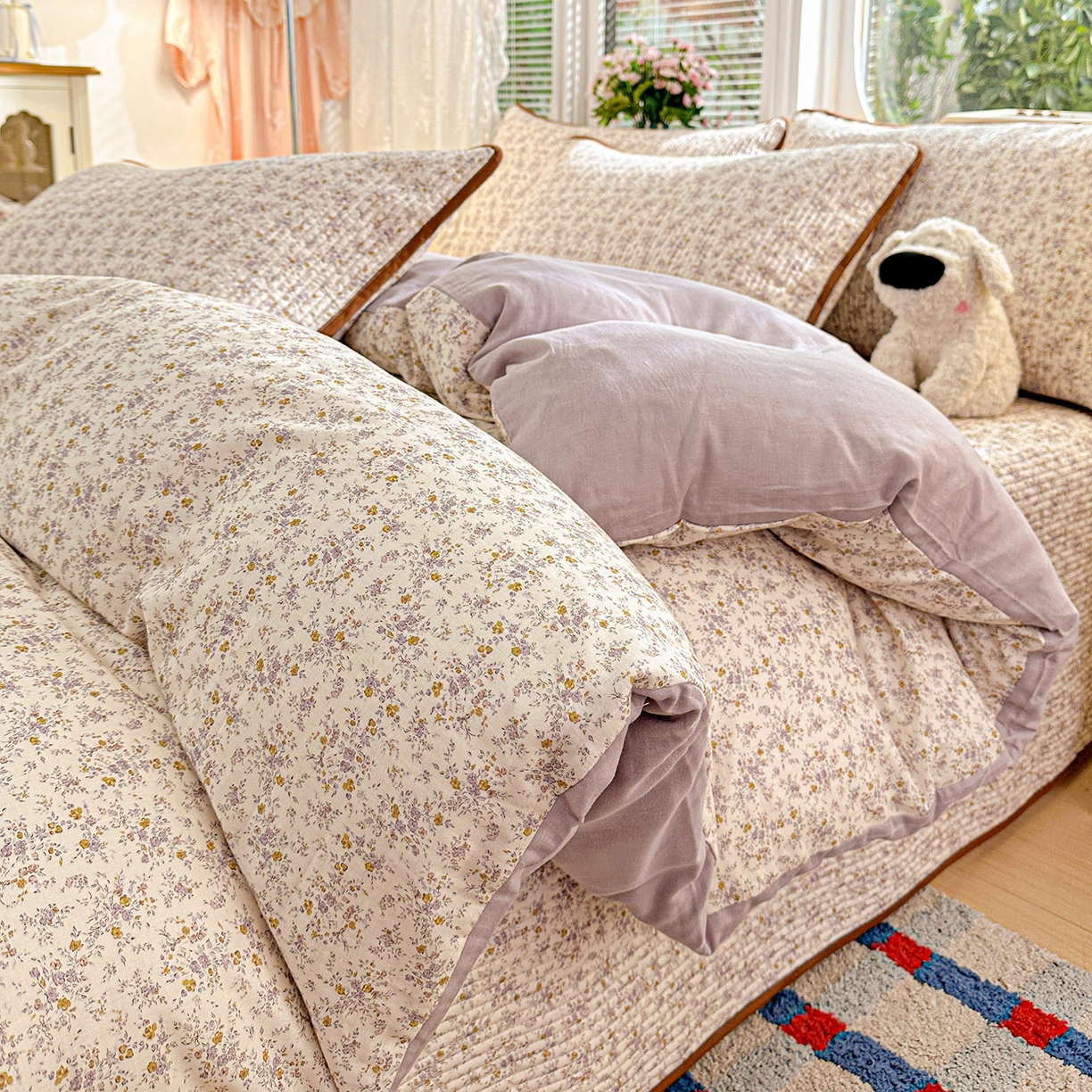 文黛家居 2026新款全棉双层纱床盖四件套 南风花碎