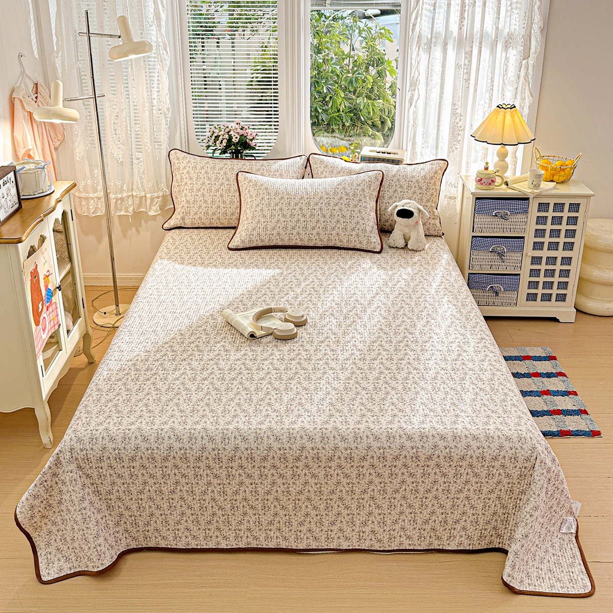 91家纺网 家纺一手货源 找家纺 文黛家居 2026新款全棉双层纱床盖四件套 南风花碎