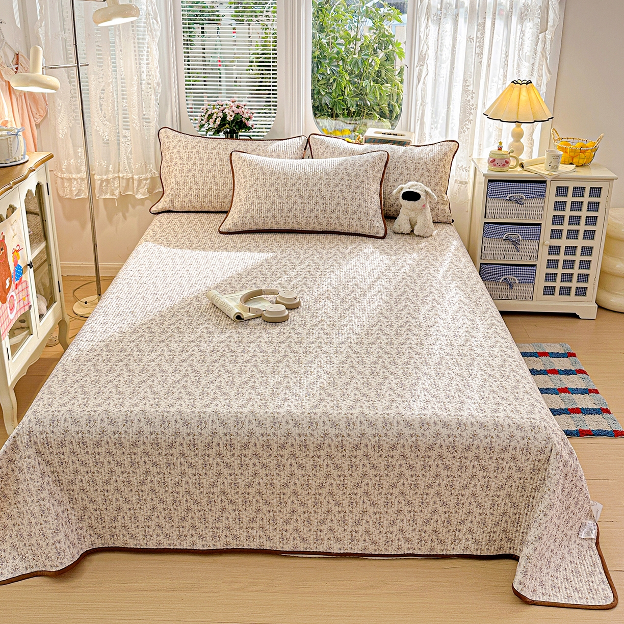 91家纺网 家纺一手货源 找家纺 文黛家居 2026新款全棉双层纱床盖四件套 南风花碎