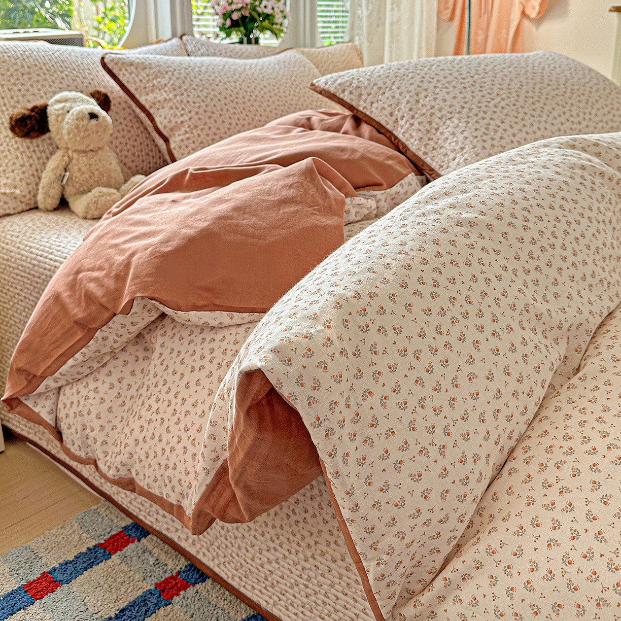 91家纺网 家纺一手货源 找家纺 文黛家居 2026新款全棉双层纱床盖四件套 浅苔-杏